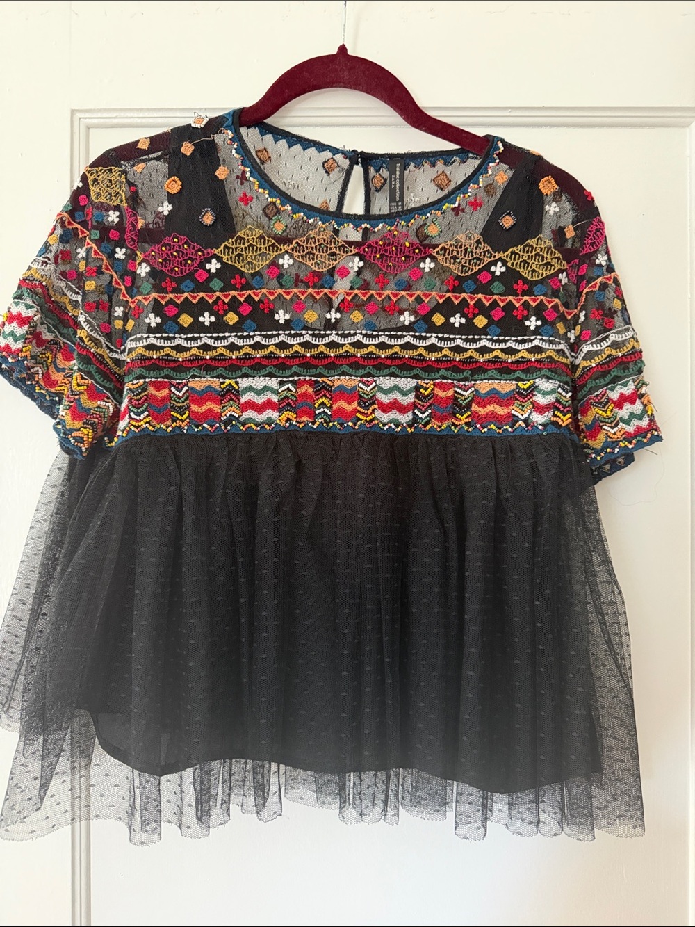 Zara Black Mesh Peplum Top with beads and  Embroidery